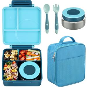Bento Lunch Box Set for Kids with 8oz Soup Thermo, Leak-Proof Lunch Containers with 4 Compartment, Kids Thermo Hot Food Jar and Insulated Lunch Bag for Kid to School-Blue