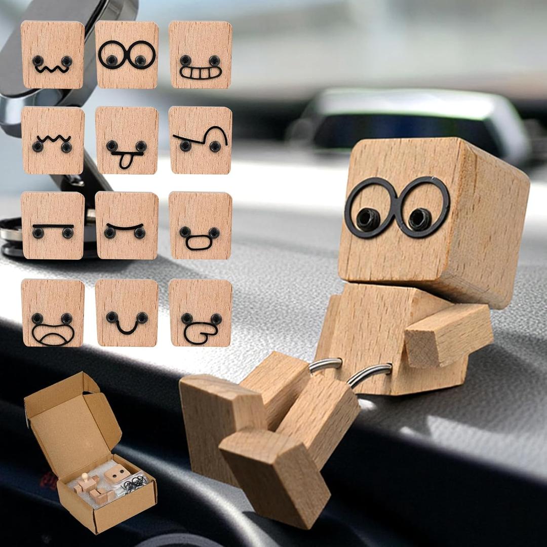 Shaking Wooden Man Figurine, Handmade Shaking Feet Woodens Doll with 12PCS Magnetic Expressions, DIY Car Ornament Desktop Decor, Creative Gift