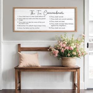 The Ten Commandments Rustic Bible Verse Framed Wall Art, 40''×15'' Positive Religious Christian Saying Sign for God Jesus Christ Prayer, Vintage Horizontal Holy Inspirational Catholic Scripture Decor