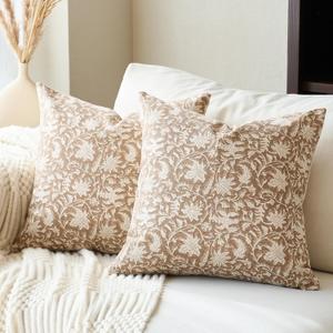 FIOUOVO Floral Throw Pillow Covers 18x18 Farmhouse Block Print Pillow Covers Decorative Pillow Covers Couch Pillows for Living Room Vintage Accent Sofa Pillows Set of 1 Brown