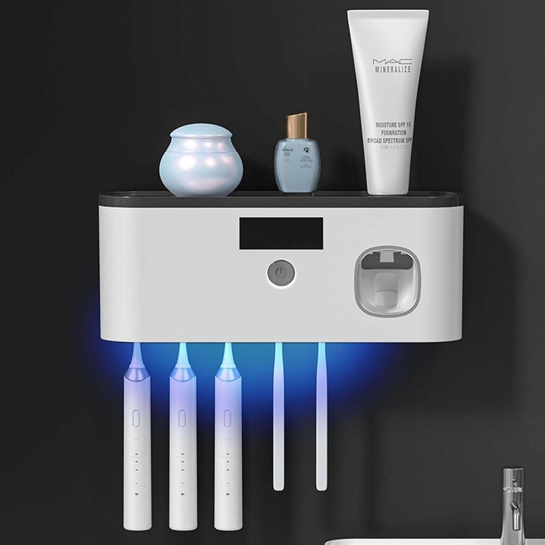 Toothbrush Holders for Bathrooms, Toothbrush Sanitizer Holder for Kids and Adult, Electric Toothbrush Holders Wall Mounted with Toothpaste Dispenser