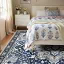 9x12 Blue Washable Area Rug - Large Boho Vintage Farmhouse Living Room Rug with Non-Slip Backing, Faux Wool Low Pile Indoor Carpet for Bedroom, Under Dining Table, Office - Navy Blue Multi