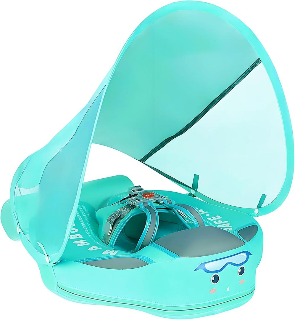 Mambobaby Non-Inflatable Baby Pool Float with Tail and Canopy UPF 50+ Sun Protection No Flip Over Infant Swim Float Skin-Friendly Mambo Float Swim Trainer Solid Baby Swimming Ring