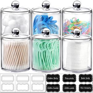 SheeChung 6 Pack Qtip Dispenser Apothecary Jars Bathroom with Labels - Qtip Holder Storage Canister Clear Plastic Acrylic Jar for Cotton Ball, Swab,Pads, Rounds,Floss Picks, Hair Clips (Clear)