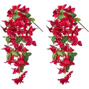 Artificial Bougainvillea Faux Flowers Plants for Outdoor Outside Summer Decoration, 2PCS Hanging Fake Silk Long Vines Trailing UV Resistant Realistic for Home Porch Patio Balcony Yard, Red