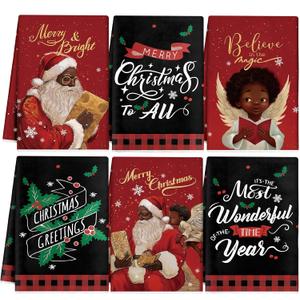 Hosuly 6 Pcs Christmas Kitchen Towels African American Black Santa Dish Clothes Xmas Black and Red Hand Towels Santa Angel Holly Berry Tea Dishclothes Housewarming Gifts for Kitchen Holiday Cooking