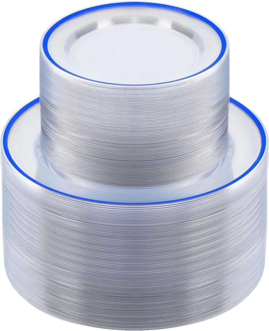 BESTSTAR 200PCS Blue and Clear Plastic Plates, Blue Disposable Plate Set with 100 Dinner Plate and 100 Dessert Plates for Party, National Day