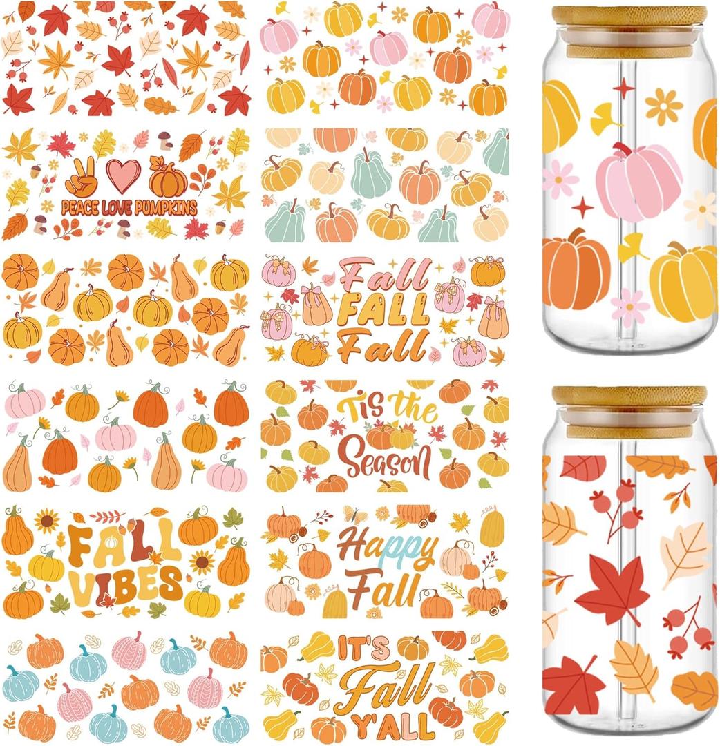 Fall UV DTF Cup Wraps: 12 Pcs Cute Watercolor Pumpkin UV DTF Cup Wraps for 16 oz, Autumn UVDTF Stickers Decals Waterproof, Rub On Transfers DIY Crafts