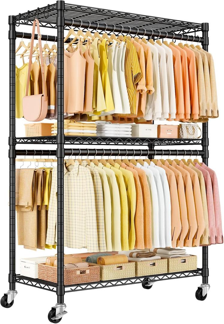 ULIFHOME P5 Plus Rolling Clothes Rack Heavy Duty, Clothing Racks for Hanging Clothes, Metal Garment Rack with Wheels, 3-Tier Portable Closet Rack 45'' W 20.5'' D 80.5'' H, Max Load 660 Lbs, Black