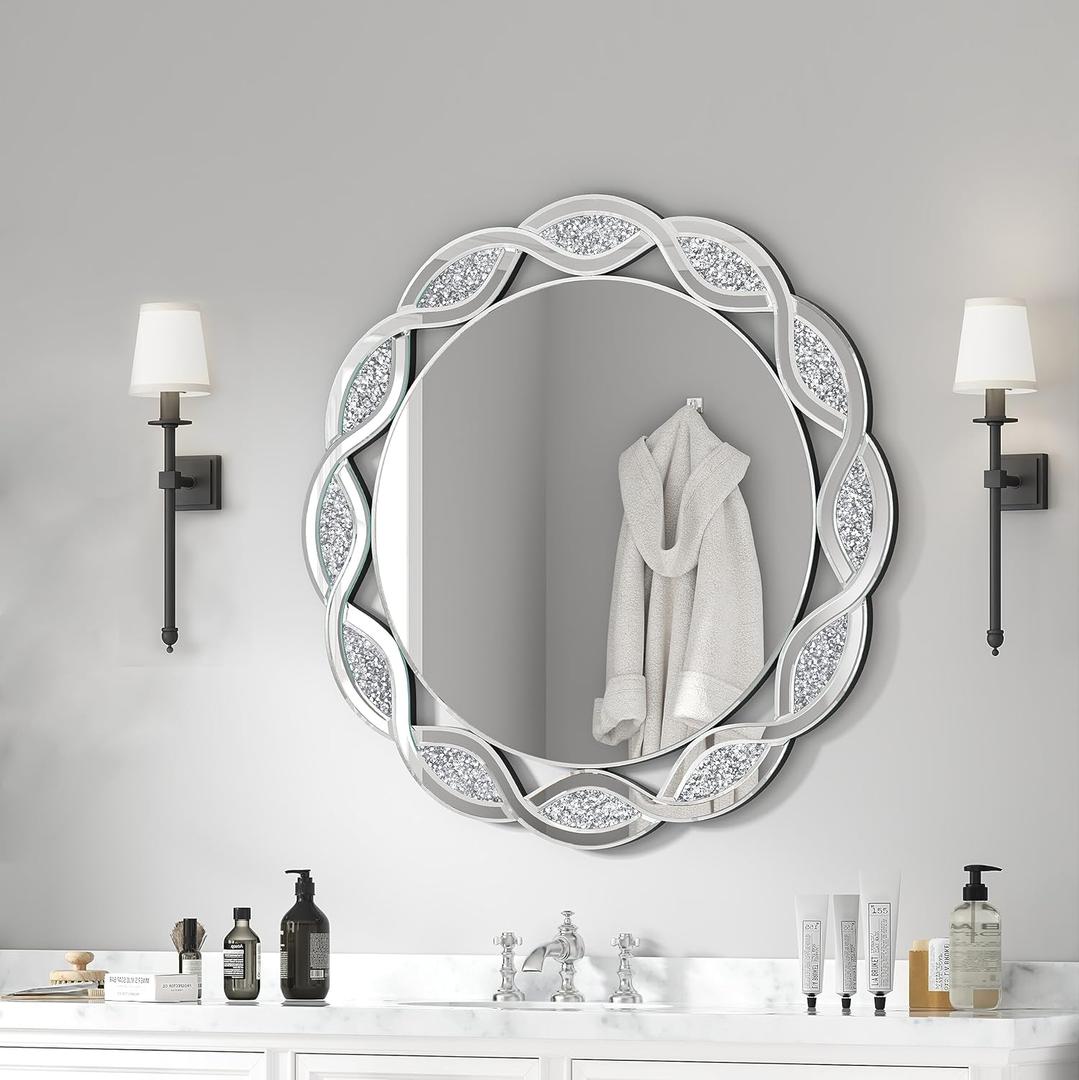Crystal Decorative Mirror-24 x24 Gorgeous Silver Mirror, Crush Diamond Mirror for Wall Decoration Bedroom, Bathroom, Dining Room and Living Room (24"L*24"W, Round Mirror)