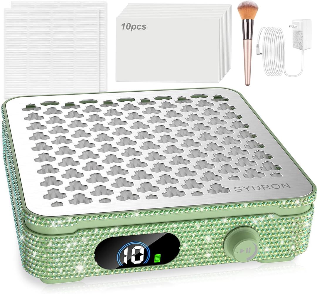 Nail Dust Collector | 1000PA Dust Collector Nail Tech | 10 Speed Levels | Low Noise & Strong Suction | Reusable Filter, 10 Pads + Nail Dust Brush | for Acrylic Nails, Salon & Home -Grass Green Diamond