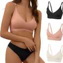 DEANGELMON V Neck Bra Padded Seamless Adjustable Straps Bralettes Everyday Basic Sleeping Bras Multiple Pack (Large, Black,soft Peach,apricot)