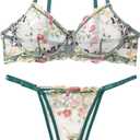Lilosy Sexy Floral Embroidered Mesh Women Underwire Push Up Lingerie Set (Green, M)