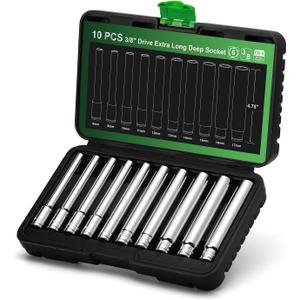 TecoTek 10PCS 3/8-Inch Drive Extra Deep Metric Socket Set, 6 Point, 8mm to 17mm, No Skipped Sizes, 120MM Deep CR-V Socket for Automotive and Industrial Applications