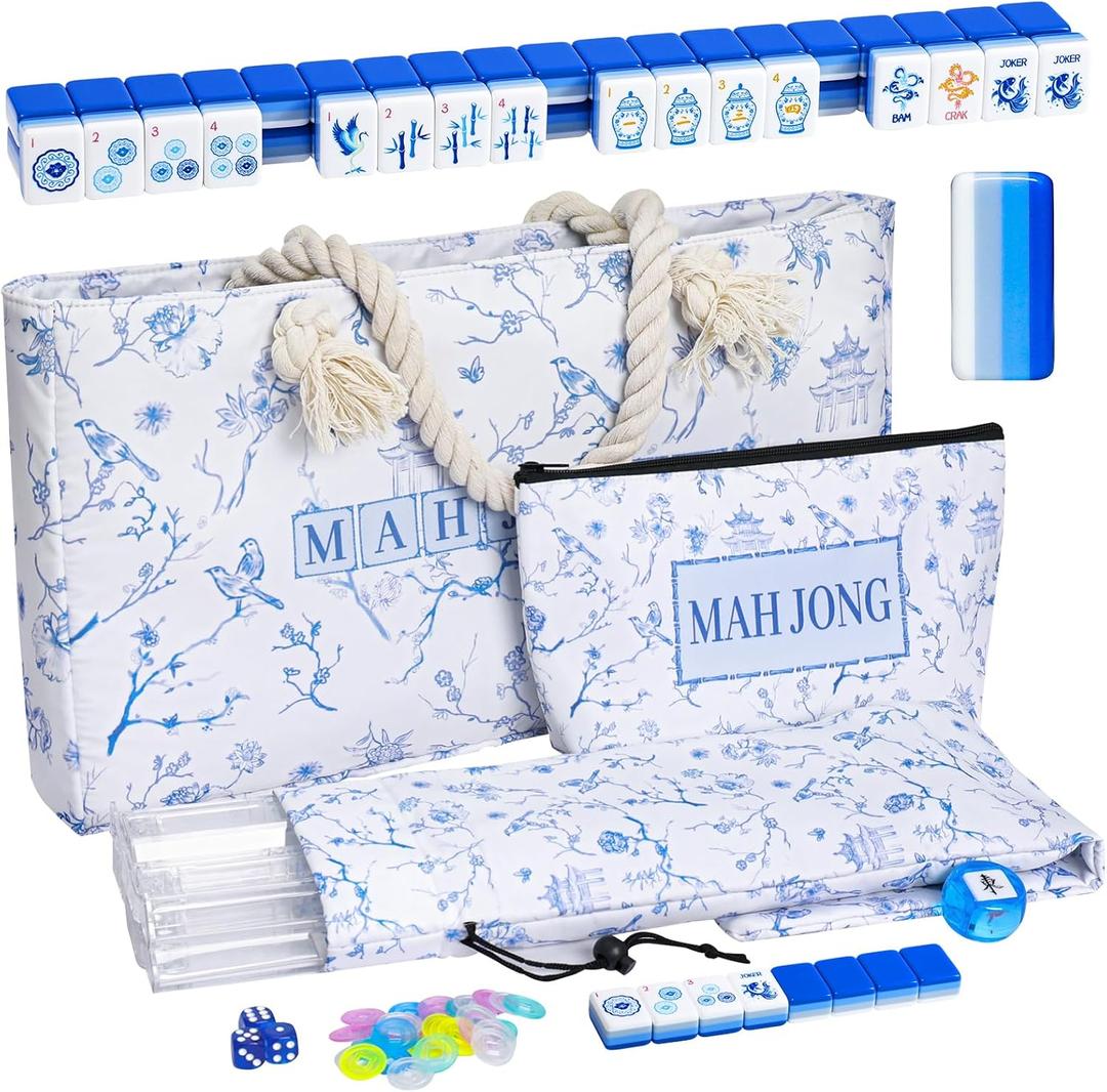 TIASUSAN American Mahjong Game Set(4 Layer), 160 Blue Engraved Tiles, White Bag and Entire Accessories, 4 All-in-One Rack/Pushers, Mahjong Tile Set