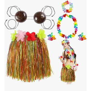Tigeen 6 Pcs Coconut Bra Hawaiian Grass Hula Skirt Costume Set Dance Leis Outfit for Women Luau Party Supplies,15.7 Inch