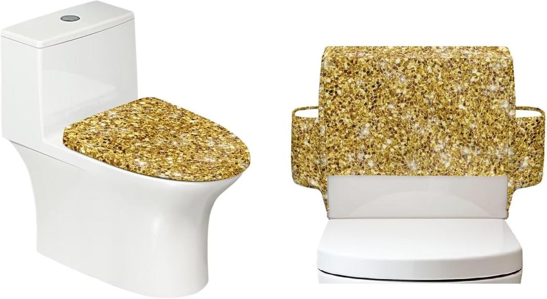 Bling Gold Print 2 Pcs Toilet Tank Lid Covers for Bathroom Reusable Toilet Tank and Seat Cover Suitable for Elongated Round Rectangular Oval Toilets
