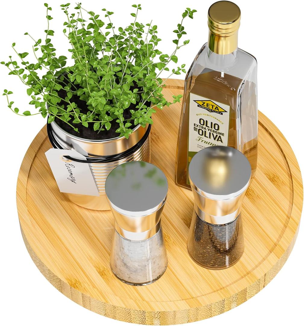 Lazy Susan Organizer, 9 Inch Non-Skid Bamboo Lazy Susan for Table Storage Napkin Holder Vase, Wood Turntable for Kitchen Countertop Organizer (9" x 9" x 1.5", Beige)