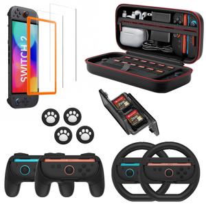 Switch 2 Game Accessory Set for Nintendo(2025), Family Switch 2 Accessories Bundle includes portable shockproof case, Mario Kart Steering Wheel, Grip for Joycon, Enjoy Gaming to the Fullest