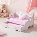 ROBUD Wooden All-in-One Baby Doll Doll Bunk Bed Sofa with Mattress, Quilts & Pillows, 18 Inch Doll Furniture with Realistic Details for Pretend Play, Fits Dolls Up to 20 in, Pink for Kids 3+