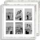 14x14 Picture Frame Set of 2, Distressed White with Glass Collage Frame, Display Photo Six Opening 4x6 With Mat or 14 x 14 Without Mat - Horizontal or Vertical Wall Mounting