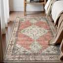 Beeiva Washable Rugs 3x5 Non Slip, Vintage Medallion Entryway Area Rug for Bedroom Indoor Medallion Ultra Thin, Low Pile Distressed Carpet for Kitchen Office Home Decor (Pink & Multi,3'x5')