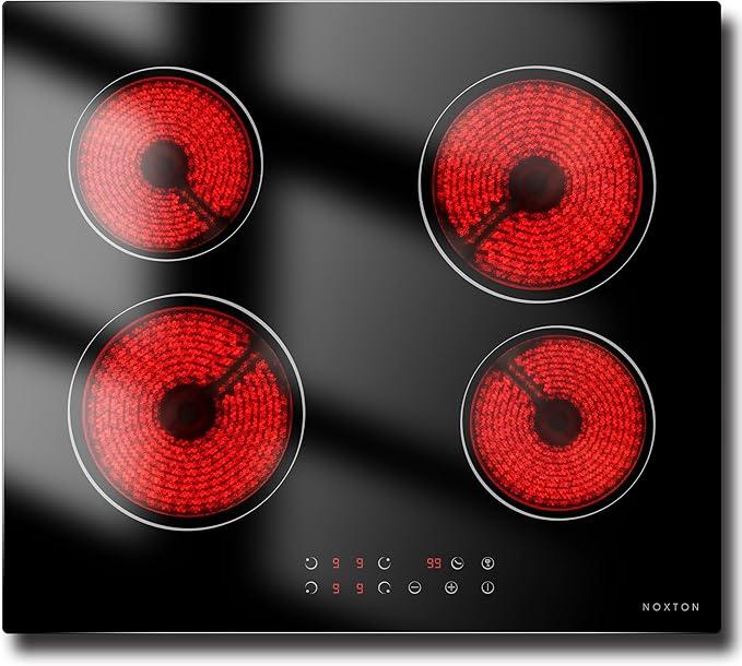 Noxton 24 Inch Electric Cooktop 4 Burners, Built-in Black Glass Ceramic Touch Control Cooktop with Safety Lock, Timer, 6000W 220240V
