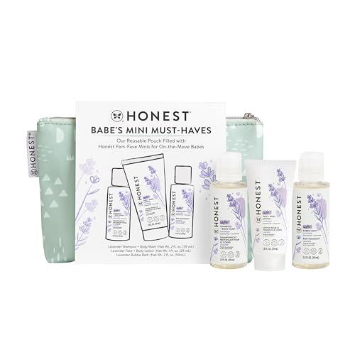 The Honest Company Babe's Mini Must Haves Gift Set Travel Size Hypoallergenic Lavender Bathtime Essentials Shampoo Body Wash (2 fl oz) Face Lotion (1 Bubble Bath)