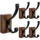 Afcabakila 4 PCS Black Walnut Wood Wall Hooks Adhesive Mounted & Wall Mounted Rustic Decorative Entryway Hooks, Wood Aluminum Walls Hook, Heavy Duty Double Hook Design for Coat, Towel, Hat, Bag, Purse