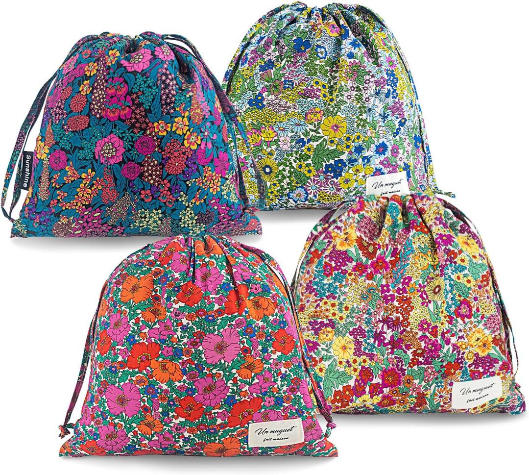 RoyYam 4-Pack Cotton Drawstring Gift Bags, 10.2" x 11" Floral Fabric Gift Pouches, Reusable Muslin Storage Sacks for Travel, Makeup, Jewelry & Wedding Favors, Baby Shower & Party Favors