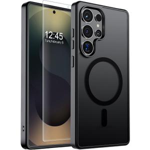 SUPFINE Magnetic for Samsung Galaxy S25 Ultra Case with Screen Protector, (Built-in Magnets) (Military Grade Drop Protection) Slim Translucent Shockproof Phone Case,Black