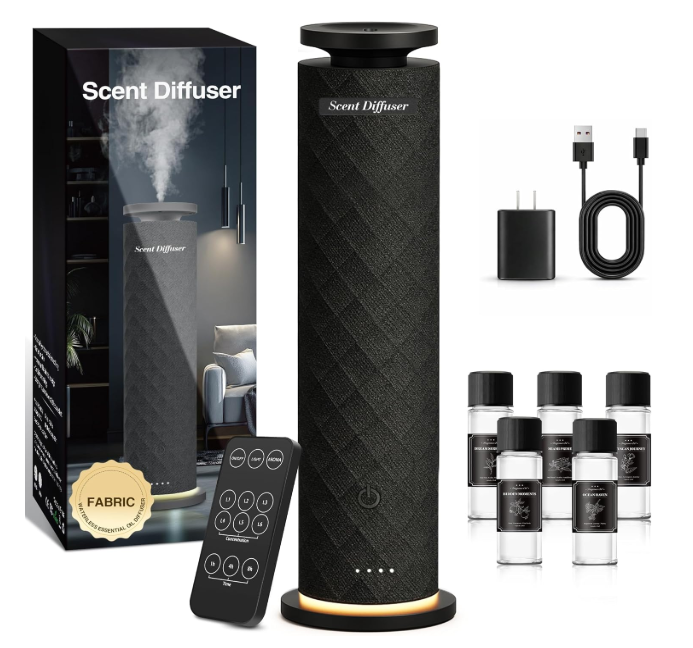 Waterless Scent Diffuser Starter Kit with 5 Oils, Luxury Hotel Style Cold Air Diffuser Oil Machine for Home, 1000 Sq Ft Coverage, Quiet Nebulizing Aromatherapy with Remote, Tower Fabric Design, Black