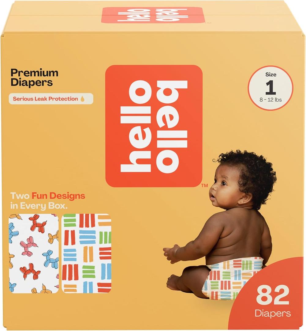 Hello Bello Premium Diapers Size 1, Balloon Buddies & Crosshatch Cuties Designs, 82ct Club Box