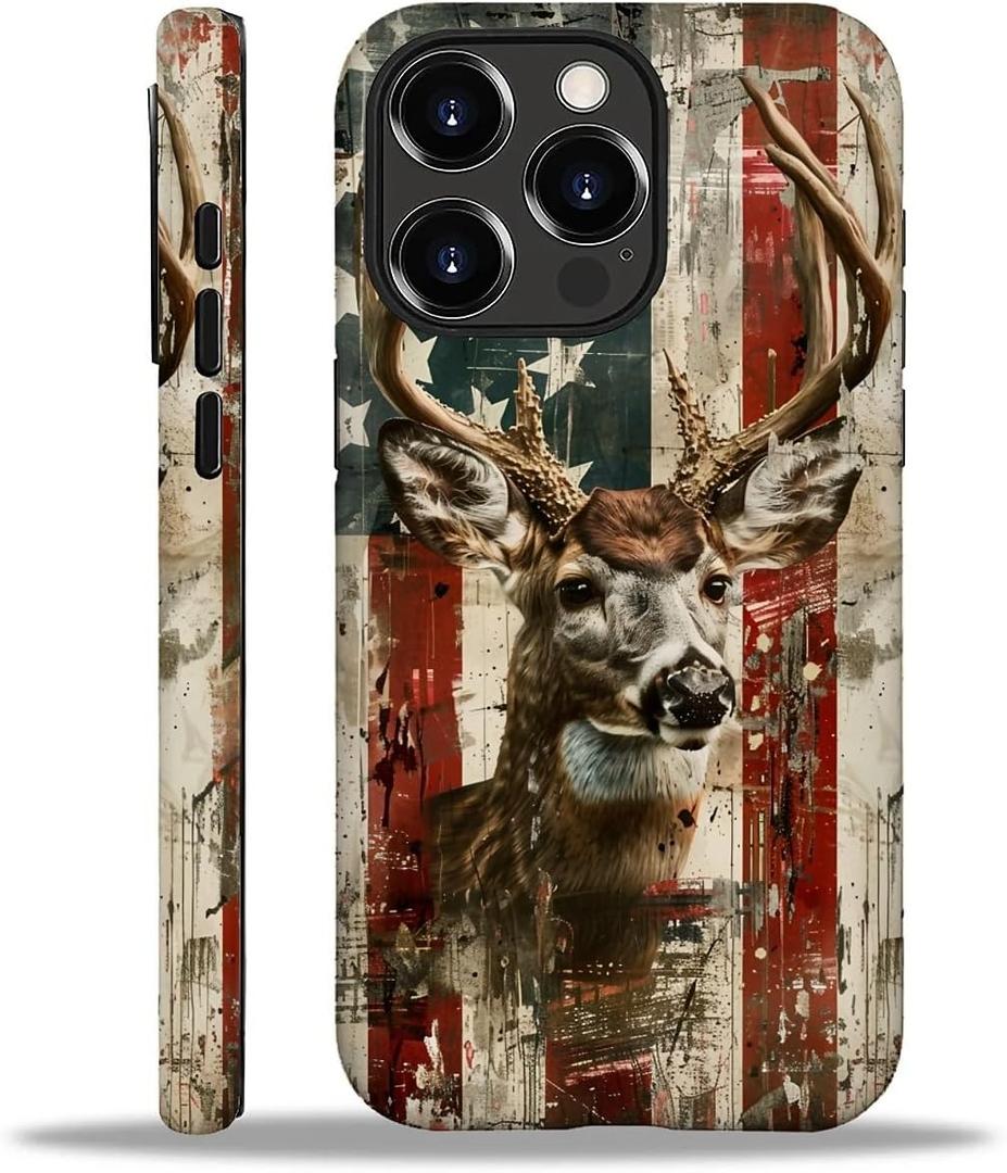 Case for iPhone 16 Pro Max,Deer Buck Hunter American USA Flag for 2 in 1 Hard Shell + Soft Silicone,Shockproof Bumper Drop Protective Case for iPhone 16 Pro Max