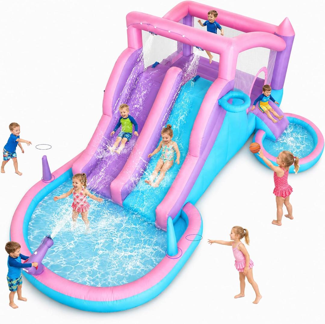 9-in-1 Inflatable Water Slide Bounce House 3 Slides Splash Pool Water Cannon Ball Pit Basketball 470W Blower 197x148x75 Inches Backyard Water Park for Kids Ages 3-8