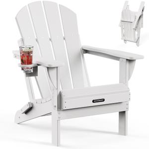 MUCHENGHY Folding Adirondack Chairs, Patio Chairs, Lawn Chairs, Outdoor Chairs, Adirondack Chair Plastic, Fire Pit Chairs, Weather Resistant with Cup Holder for Deck, Backyard, Garden(White)