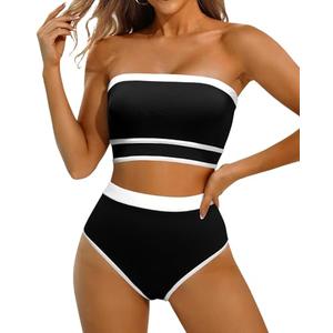 Yonique Bandeau Bikini Strapless Swimsuit - Two Piece High Waisted Bathing Suits Black XL