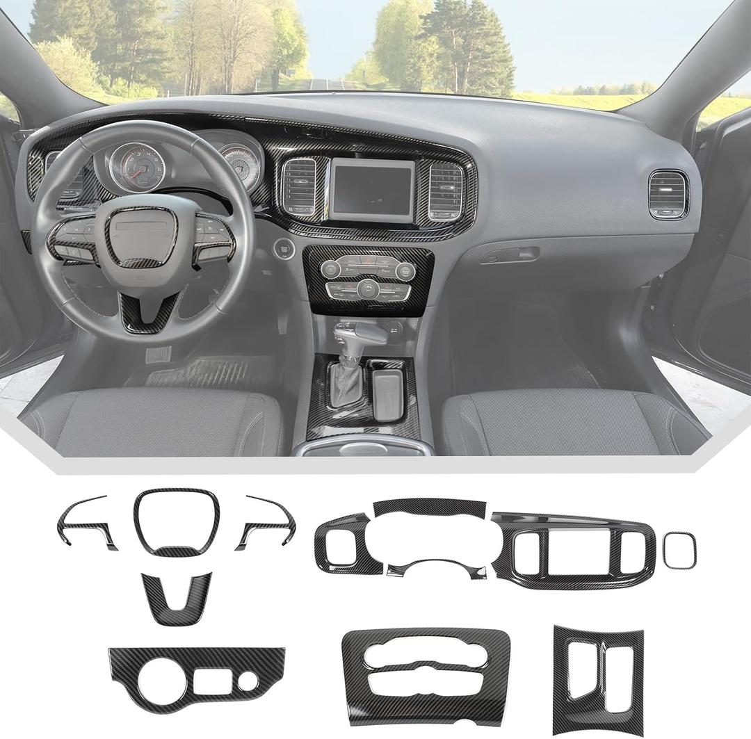 JeCar 12pcs Carbon Fiber Interior Trim Kit Fit for 2015-2023 Dodge Charger Interior Accessories