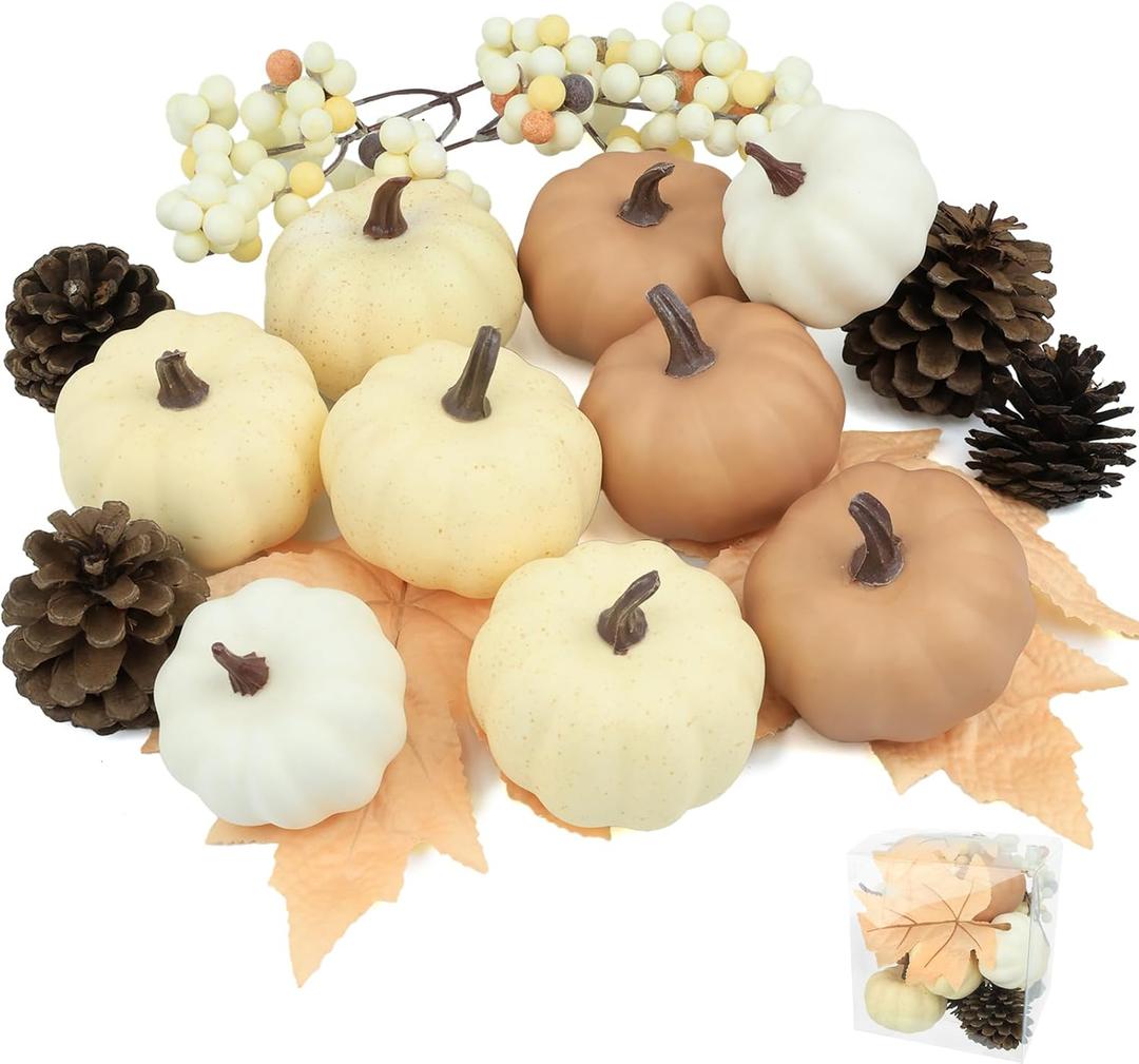 Artgar Foam Pumpkin Decor - 16 PCS Artificial Pumpkin Set - Fall Decor with Mini Pumpkins, Pinecones Maple Leaves Berries for Halloween Thanksgiving Fall Decor, DIY Crafts Tabletop Tray Decorations (Style-4)