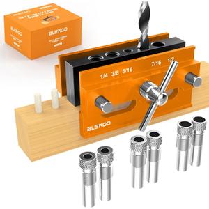BLEKOO Self Centering Doweling Jig Kit, Drill Jig For Straight Holes Biscuit Joiner Set With 6 Drill Guide Bushings, Adjustable Width Drilling Guide Power Tool Accessory Jigs (Gold)