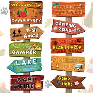 Hooqict 20 Pieces Camping Themed Party Decorations Camping Party Directional Signs for Summer Camp Decor Welcome to Camp Birthday Party Supplies Classroom Wall Door Porch Yard Sign