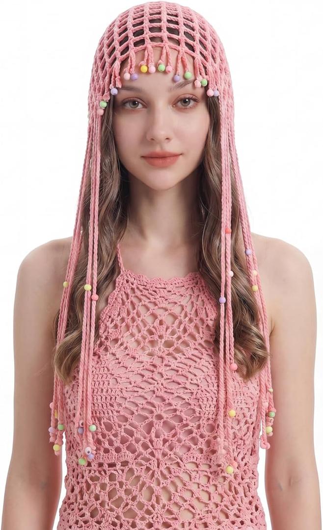 Newcotte Crochet Hats for Women Beanie Cap with Beads Tassel Mesh Lace Skull Cap Netted Hair Net, Summer Beanie with Sequins