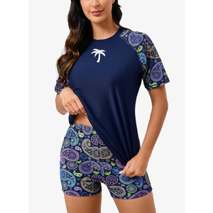 Halcurt Women's Built in Bra Rash Guard UPF 50 Two Piece Swimsuit Shirt and Board Shorts M