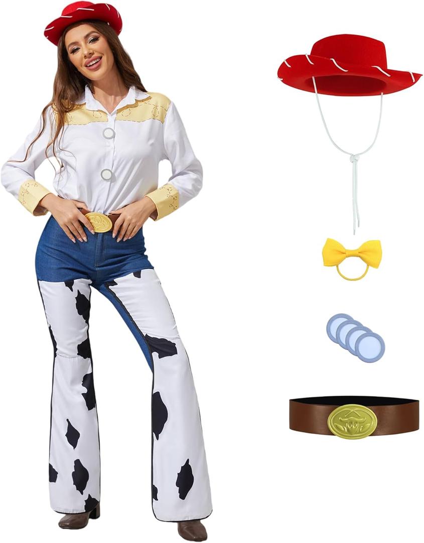 Costume for Women Classic Cowgirl Halloween Cosplay Hippie Outfit Adult Shirt Hat Pants Belt Set, 2XL