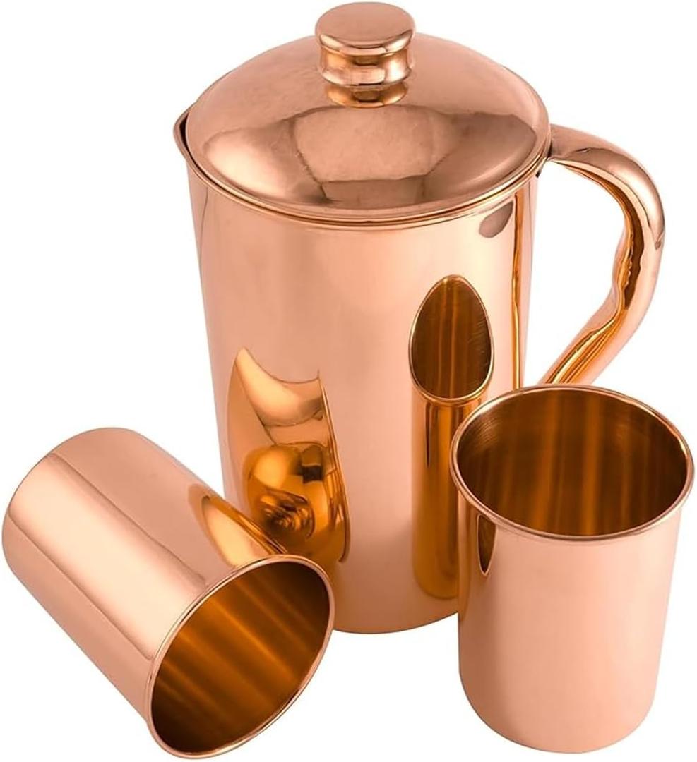 100% Pure Copper Pitcher 50.72 Oz / 1500 ml With 2 Tumblers | Drinking Water Plain Pitcher With Glasses | Copper Jug Set With Lid & Cups | Handle Water Bottle | Ayurveda Health Benefits
