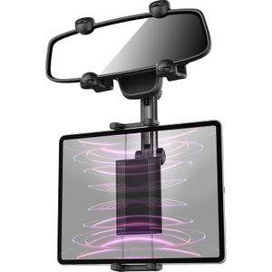Car Tablet Mount - Rear View Mirror Clamp, Retractable Vehicle Mirror Mount for iPad Pro 12.9 Mini Air, Galaxy Tab/Z Fold, iPhone, 4-13" Devices