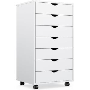 OLIXIS 7 Drawer File Cabinet on Wheels, Printer Stand | Fits Under Desks, Wood Storage Organization Holds Printer, Office Supplies, Not For Hanging Files, For Home Office Use White