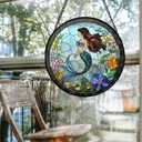Stained Glass Window Hanging Suncatcher, 7.9 * 7.9 Round Hanging Glass Art Decor Mother's Day Birthday Gifts for Women, Decorative Sun Catcher for Window Door Garden Home Decor (Mermaid Garden)