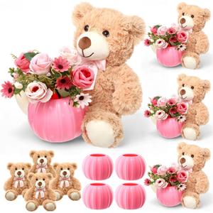 Amyhill 4 Sets Little Pumpkin Baby Shower Decorations Bear Baby Shower Table Centerpieces Bear Stuffed Artificial Flowers Plastic Pumpkin Vase Set for Fall Autumn Gender Reveal Party Decor(Pink)