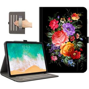 Lokigo for iPad Air 13 Inch Case (M3 2025/M2 2024), iPad Pro 12.9 Inch Case (6th/5th/4th/3rd Gen) with Pencil Holder/Hand Strap/Pocket, Support Touch ID, Auto Wake/Sleep, Black Colord Flowers (Normal Style)